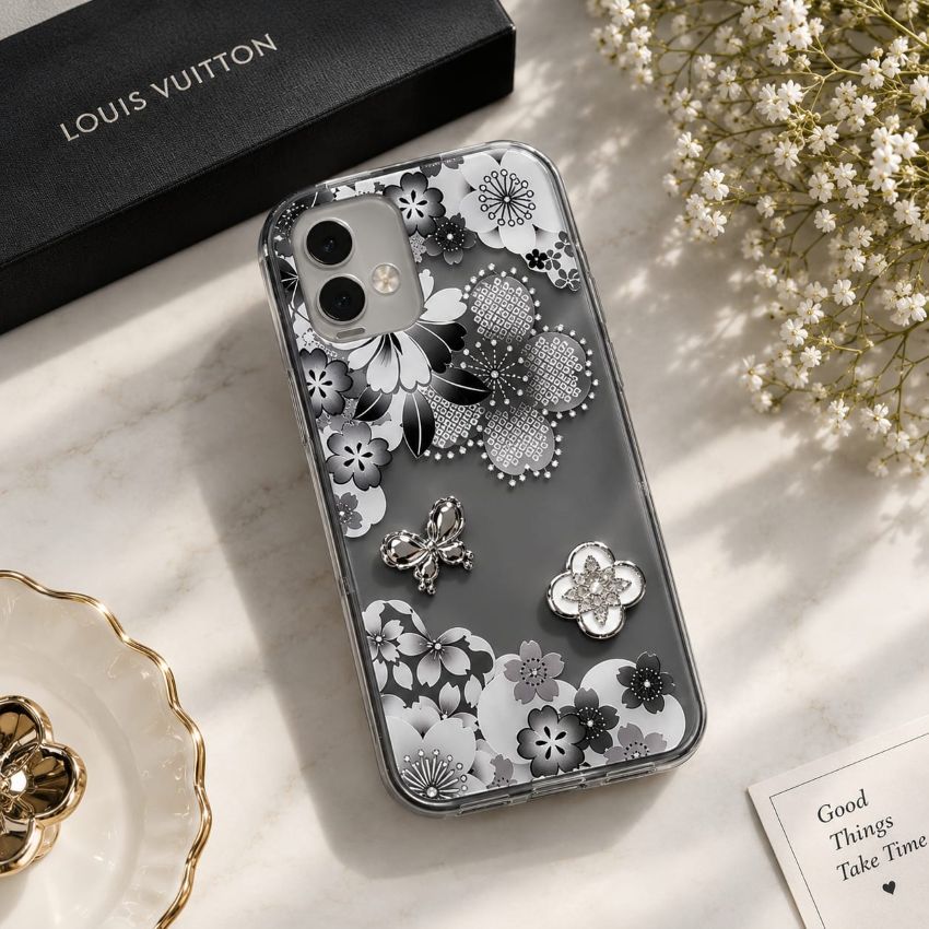 2-in-1 floral butterfly charm mobile cover with decorative flower design