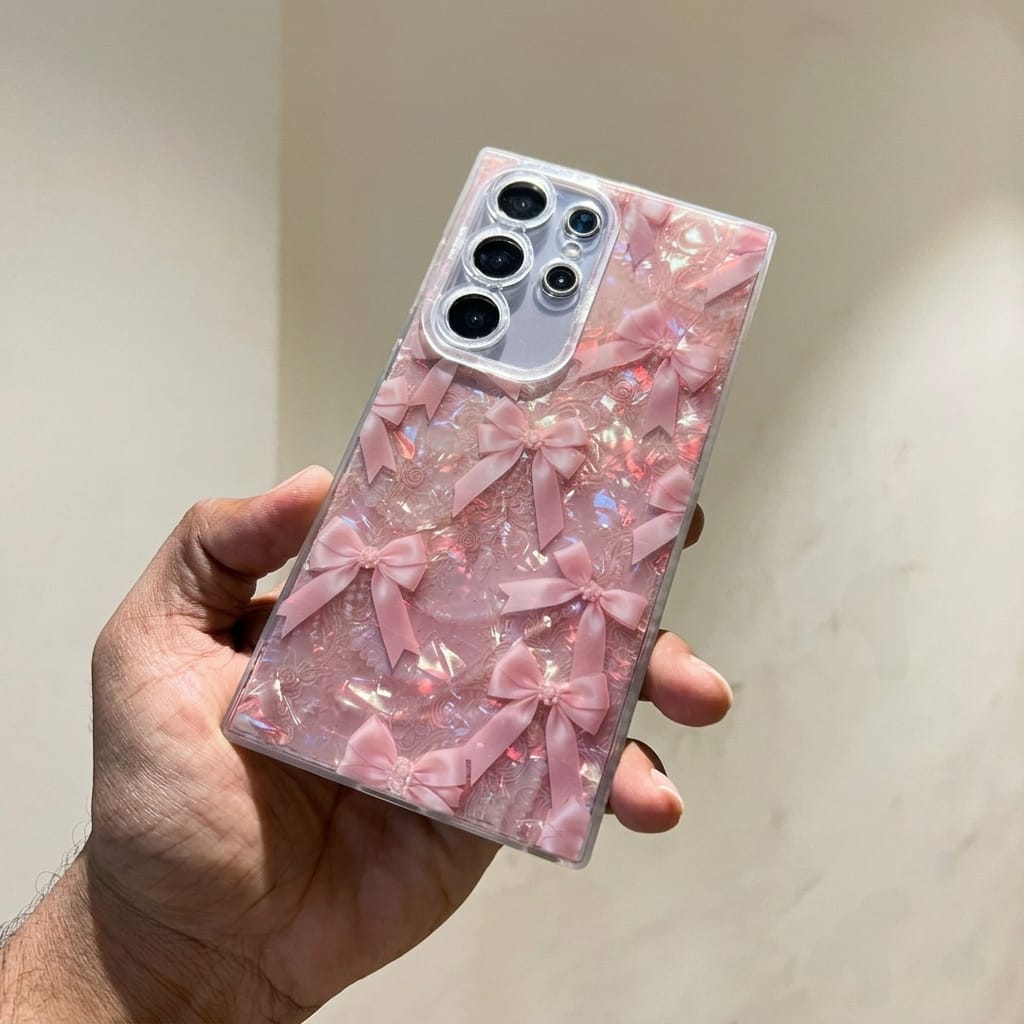 IMD marble holographic print case with bow and pearl design – Cute Girl Collection