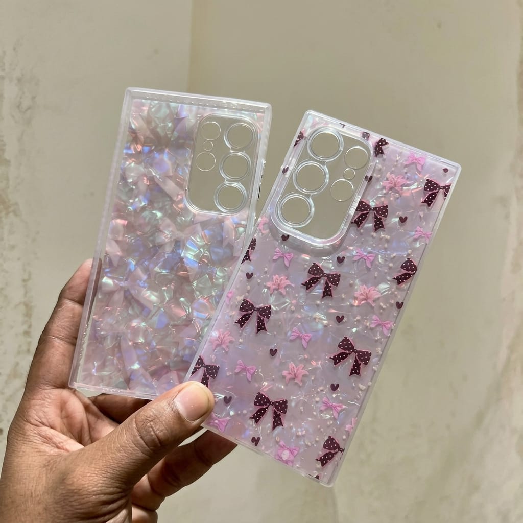 IMD marble holographic print case with bow and pearl design – Cute Girl Collection