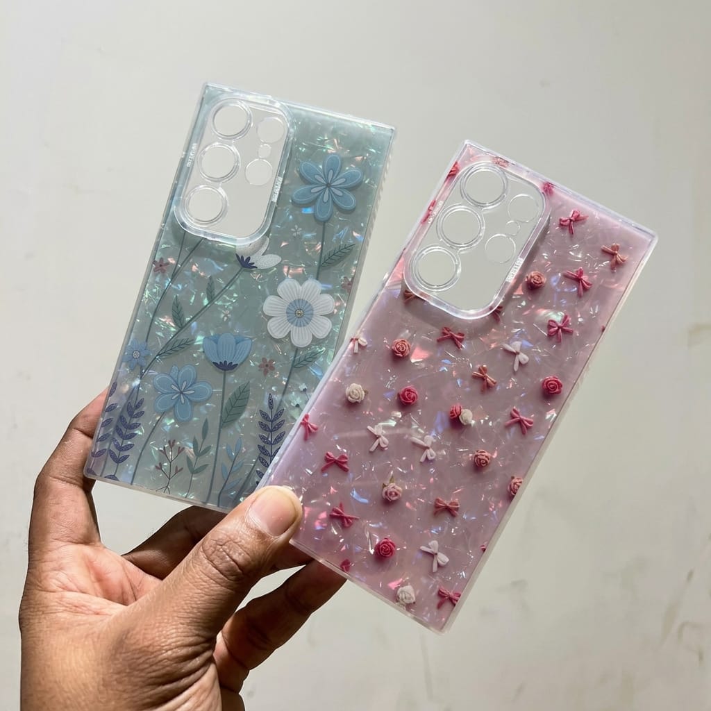 IMD marble holographic print case with bow and pearl design – Cute Girl Collection