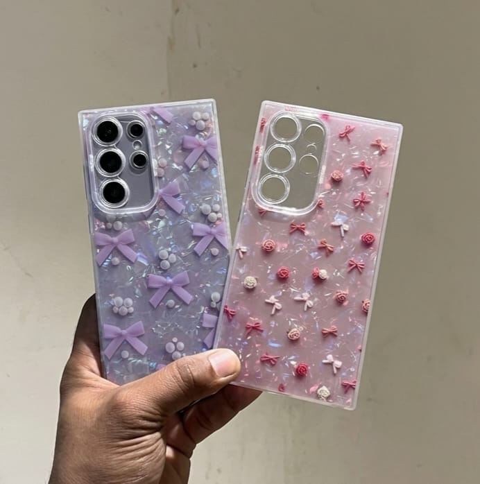 IMD marble holographic print case with bow and pearl design – Cute Girl Collection