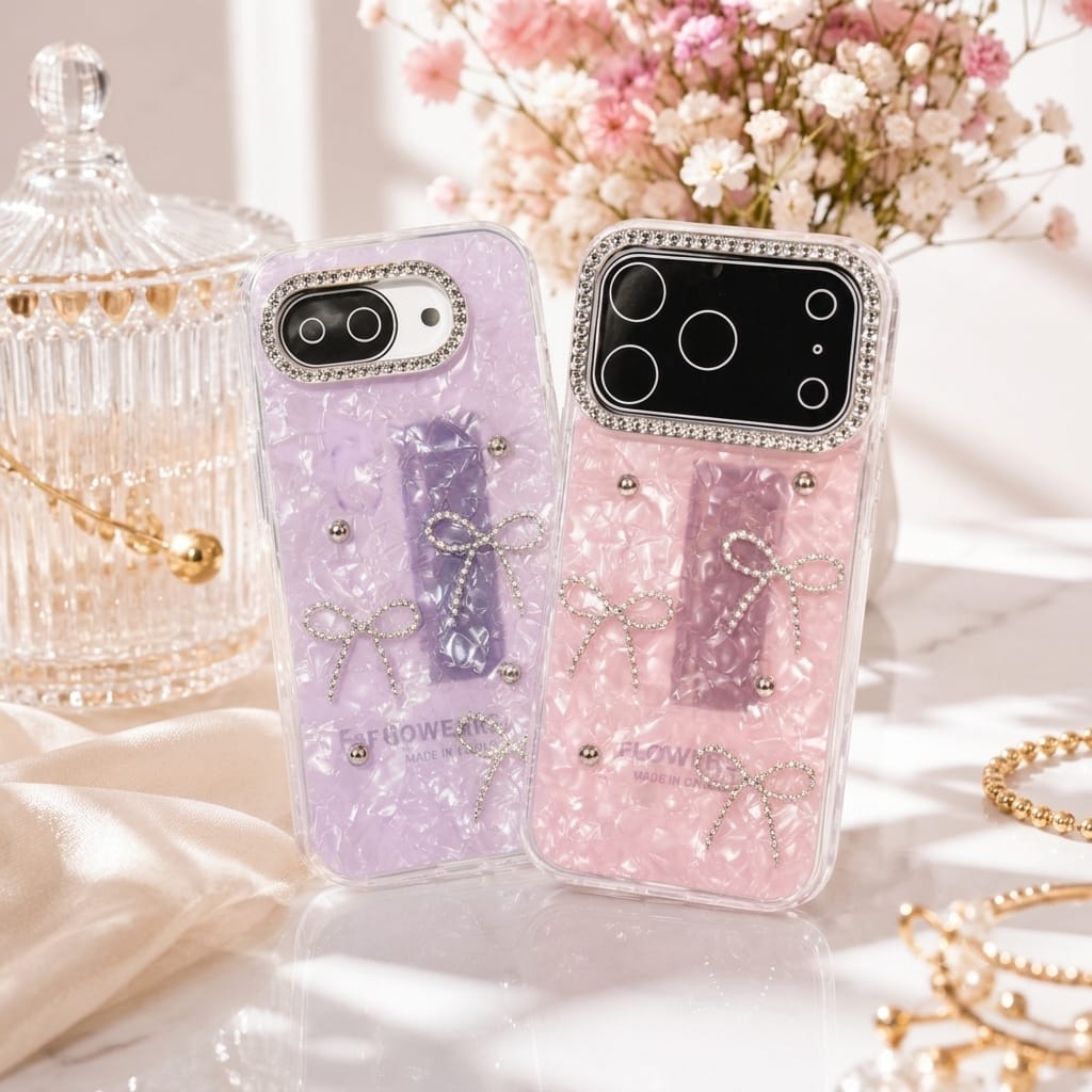 "Bling camera ring marble shine mobile cover with bow charm – wholesale lot"