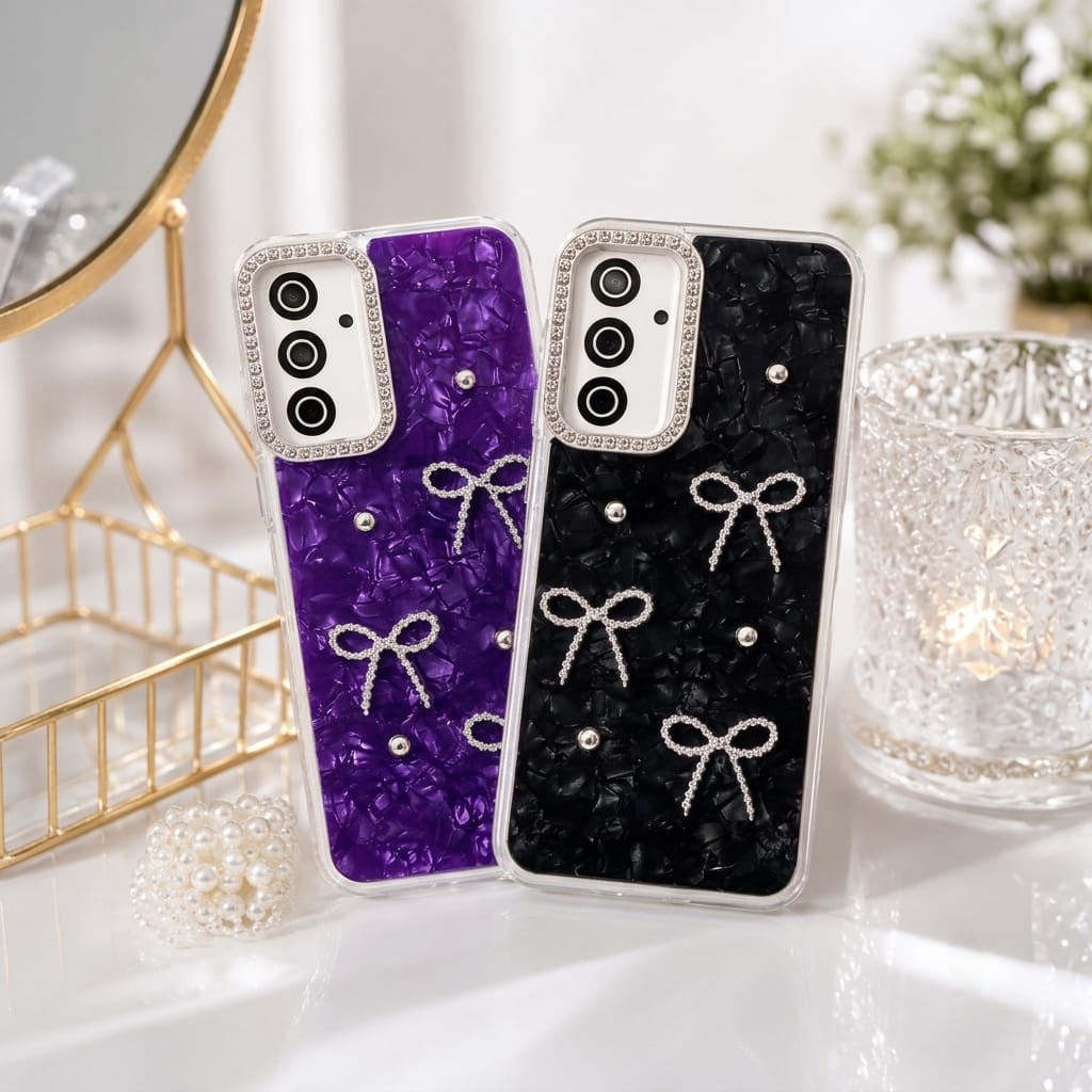 "Bling camera ring marble shine mobile cover with bow charm – wholesale lot"