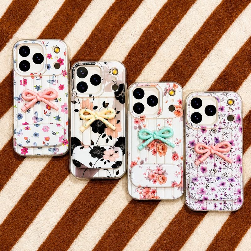 Premium Floral Bow Mirror Stand Mobile Cover for iPhone 1