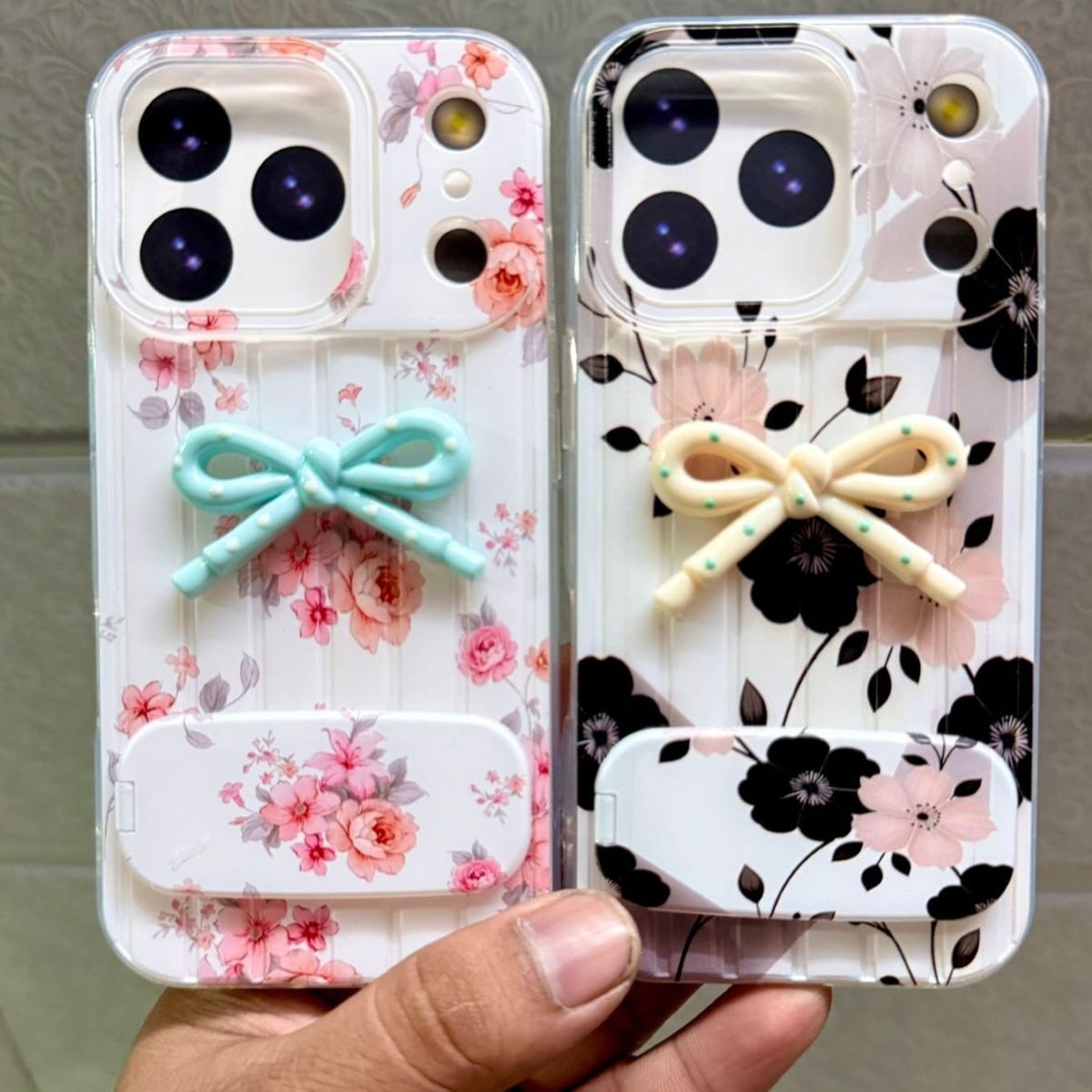 Premium Floral Bow Mirror Stand Mobile Cover for iPhone2