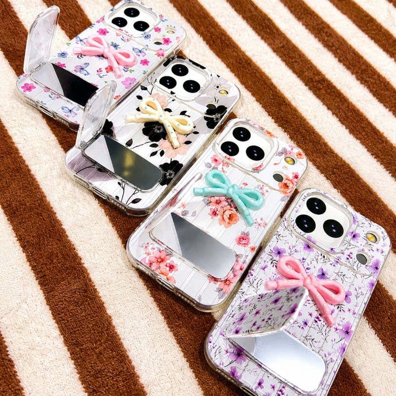 Premium Floral Bow Mirror Stand Mobile Cover for iPhone3