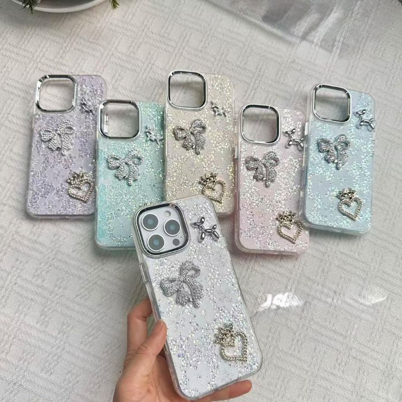Glitter Bow Heart Diamond Mobile Cover with Rhinestone Design